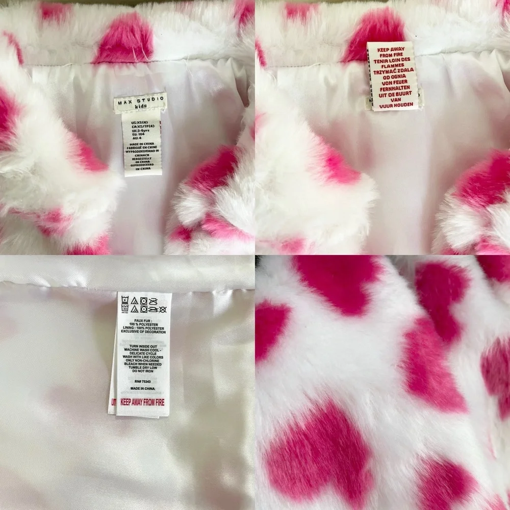 Max Studio Kids Hot Pink and White Faux Fur Heart Pattern Open Vest Girl’s 4 XS